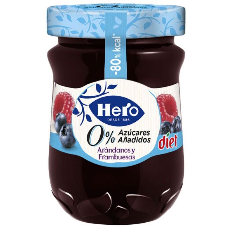 Confiture de myrtilles et framboises 0% sucre Hero 280 gr.